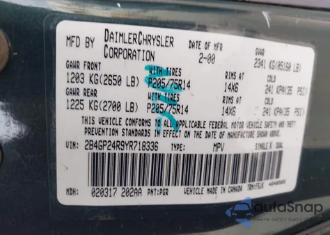 2000 Dodge Grand Caravan z USA, uszkodzony, nr VIN 2B4GP24R9YR718336